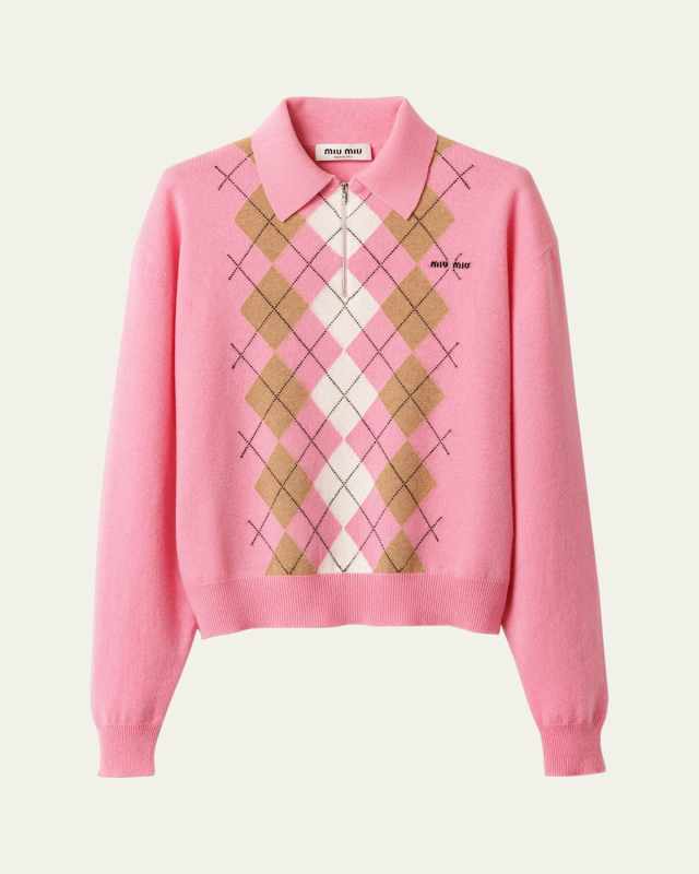 Cashmere Argyle Long-Sleeve Polo Sweater